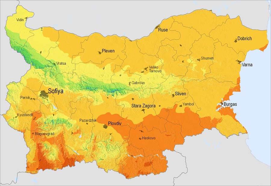 Schematyczna mapa Bułgarii z zaznaczonym ukształtowaniem terenu, obszarami klimatycznymi i miastami