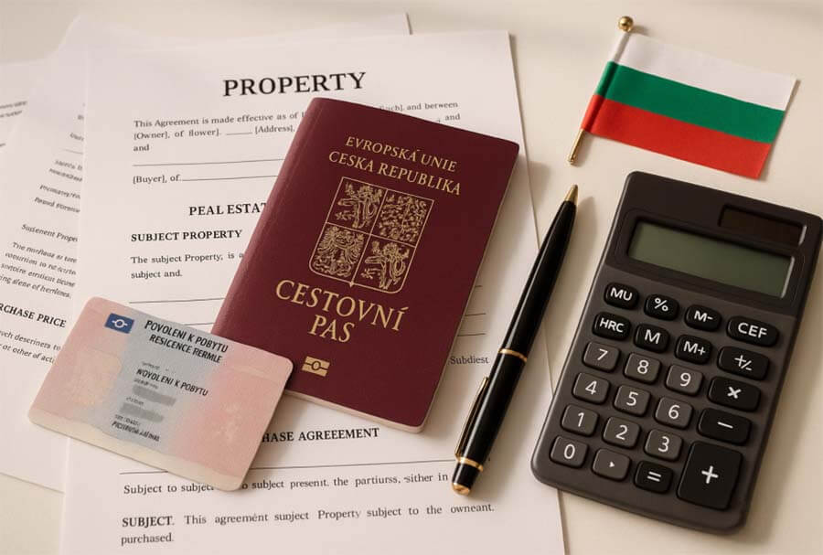 Czeski paszport i dowód osobisty z bułgarskimi dokumentami własności, kalkulatorem i długopisem do planowania zakupu domu