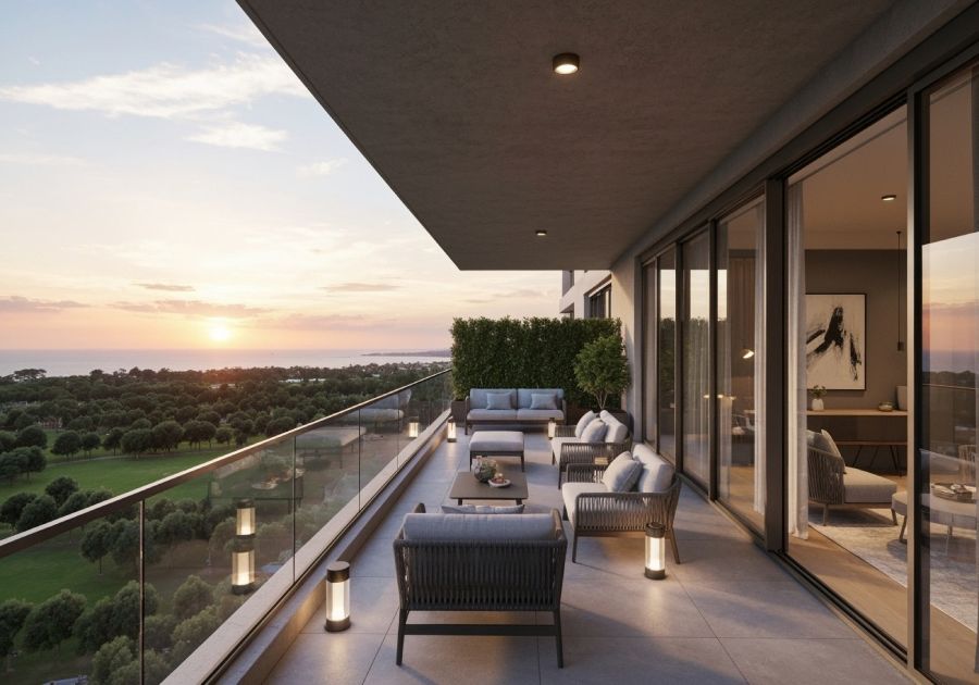 Taras z widokiem na morze demonstruje wynik oddania obiektu do użytkowania i gotowość mieszkania w Bułgarii.