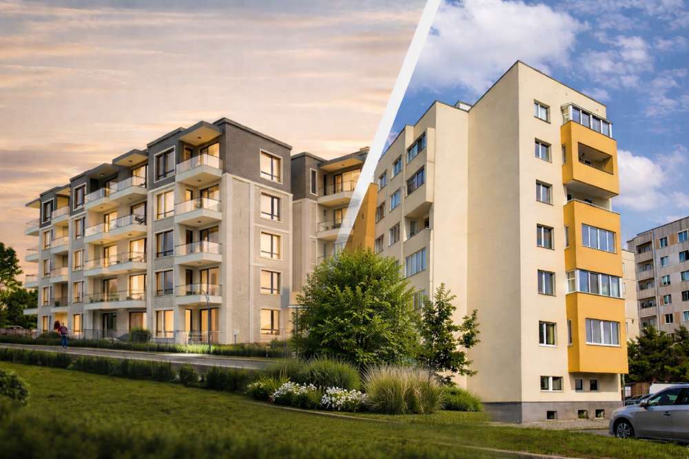 Porównanie nowoczesnych osiedli mieszkaniowych w Bułgarii ilustrujące przesunięcie popytu inwestorów między nowym budownictwem a istniejącymi nieruchomościami w kontekście rosnących cen